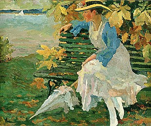 Edward Cucuel - Dame auf einer Parkbank am See