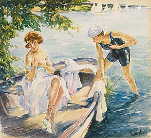 Edward Cucuel - Sommertag am See mit zwei jungen Damen im Boot