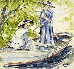 Edward Cucuel - Zwei Damen am Seeufer in einem Boot